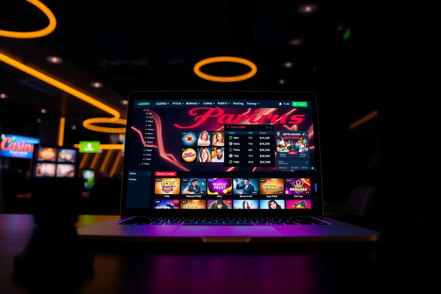 Premium gambling platform dashboard with live casino games, slot machines, and real-time analytics on dark luxury background